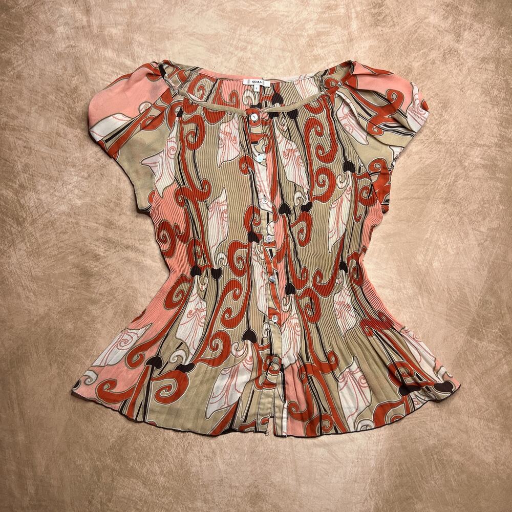 Vintage 90s Nicola Paisley Accordion Pleated Mesh Top Multicolor Puff Sleeve Y2K